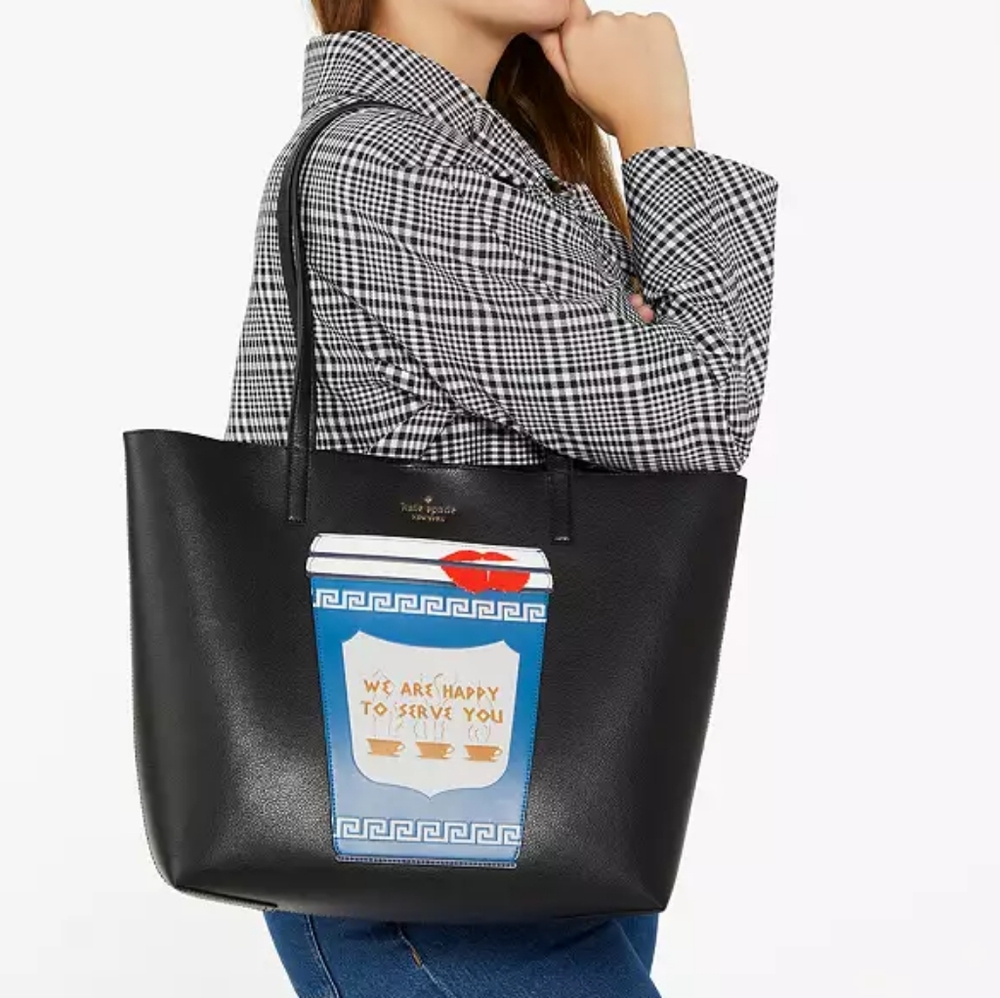 kate spade black leather tote with blue coffee cup graphic